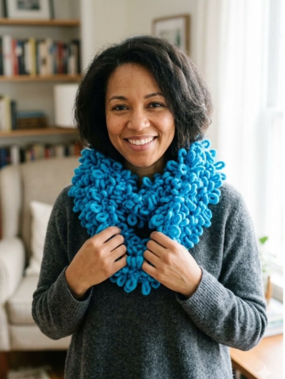 Hand Knit Acrylic Neon Royal Blue Loop Yarn Scarf